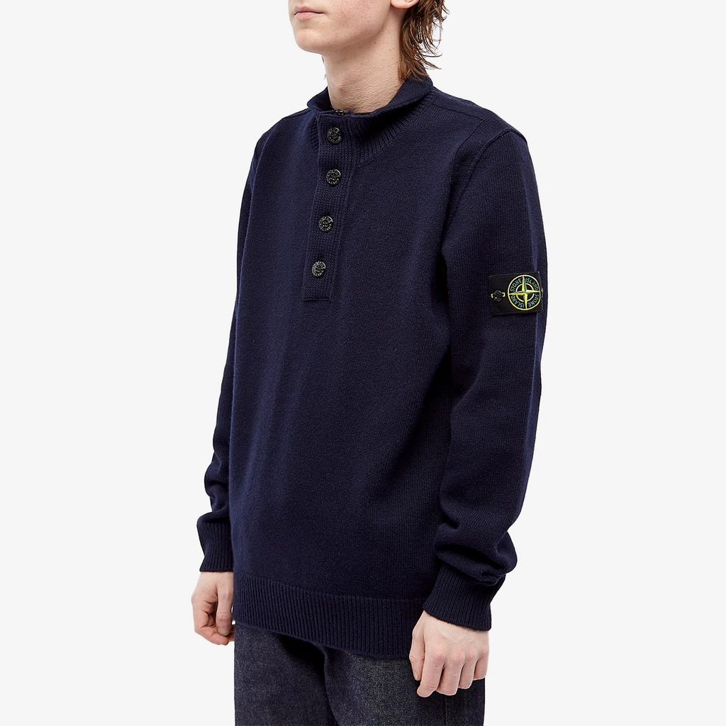 Stone Island Men's Stand Collar Button Neck Knit Navy Blue